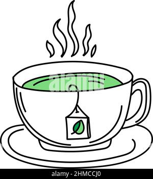 A hand-drawn cup of green tea in doodle style. A hot beverage. Time to get up. Breakfast. Morning. Stock Vector