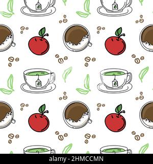 A seamless drawing of hot breakfast drinks. Hand-drawn doodle-style elements. Breakfast. Good Morning. Coffee and green tea. Stock Vector