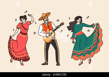 Happy men and women in traditional clothes dance together to guitar on Mexican carnival. Smiling Mexicans in costumes enjoy festive national celebration play music. Flat vector illustration.  Stock Vector