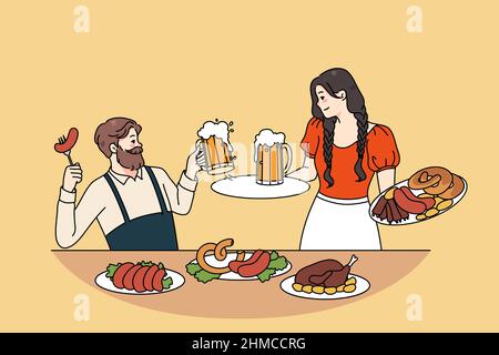Happy man and woman in traditional clothes celebrate Oktoberfest drink beer eat sausages. Smiling guy and girl enjoy german festival celebrations outdoors. Flat vector illustration.  Stock Vector