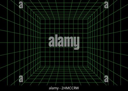 Wireframe perspective cube. 3d wireframe grid room. 3d perspective laser grid. Cyberspace black background with green mesh. Futuristic digital hallway Stock Vector
