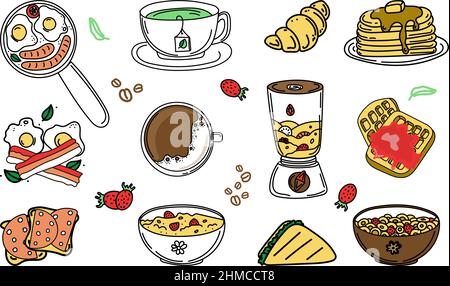 A set of breakfast foods and drinks. Hand-drawn doodle-style elements. Breakfast. Good Morning. Pancakes on a plate, waffles, porridge with berries, c Stock Vector