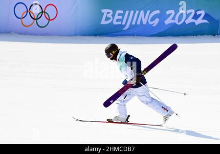 United States' Mac Forehand reacts during the men's freestyle skiing ...
