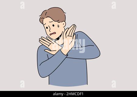 Panic stop and prevention concept. Young stressed man showing stop crossed hands sign feeling no wish to do trying to prevent something vector illustration  Stock Vector