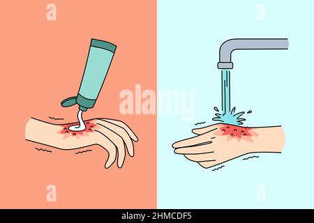 Hygiene and cleaning hands concept. Human hand applying cream and washing with water from tap cleaning saving everyday hygiene and curing injury vector illustration  Stock Vector