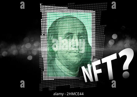Abstract glitch with word NFT on 100 Dollar bill. Ideas for Crypto Art in the USA, US Dollar transform into Digital Art form, How does NFT work, Makin Stock Photo