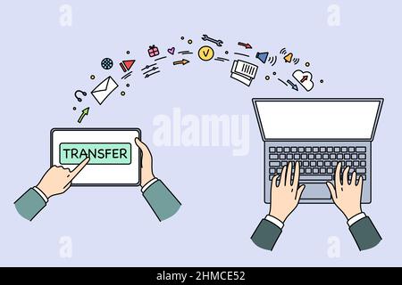 Transferring information and technologies concept. Top view flat-lay of human hands and laptop and transferring information emails to memory vector illustration  Stock Vector