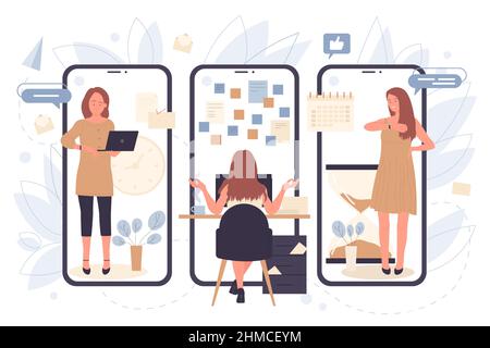 Office business people work and control time on screens of mobile phones vector illustration. Cartoon personnel effective time management and organization, punctuality in deadline, online appointment Stock Vector