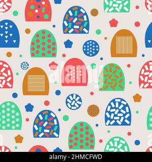 Multicolored abstract seamless pattern with circles, rings, ovals, rectangles, flowers Stock Vector