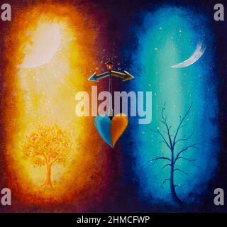 Choice of heart concept Acrylic painting harmony illustration The concept of opposite energies: male-female, day-night, light-dark, yin-yang Stock Photo
