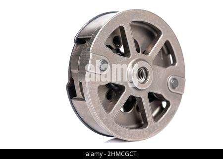 new modern chainsaw clutch close-up isolated on white background Stock Photo