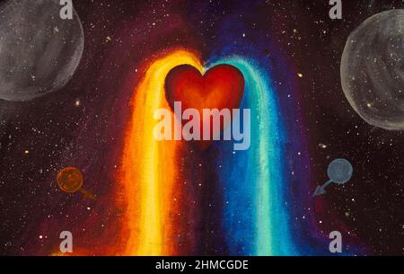 Acrylic painting harmony Energy coming from the heart illustration The concept of opposite energies: male-female, day-night, light-dark, yin-yang Stock Photo