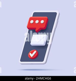 3d render isometric illustration of a white smartphone with push messages and email envelope, isolated composition Stock Vector
