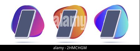 Set of 3d modern illustration icons of a smartphone with blank screen, isometric on fluid bright shapes backdrop. digital promo banner Stock Vector