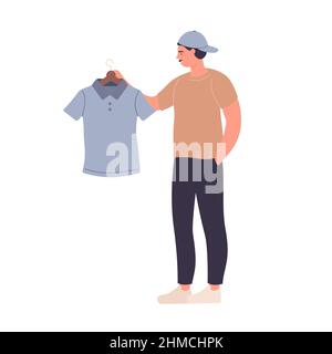 Standing cool man in sportive clothes buying new t shirt. Short sleeve polo shopping time cartoon vector illustration Stock Vector