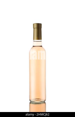 front view closeup of small 375ml rose wine bottle mockup with gold colored cap and no label isolated on white background with reflection Stock Photo