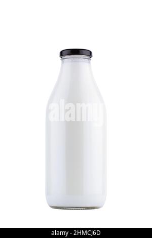 front view closeup of full closed one liter glass bottle of fresh milk mockup with black colored cap enclosure and no label  isolated on white backgro Stock Photo