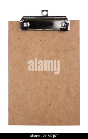 front view closeup of small brown clipboard document holder mockup isolated on white Stock Photo