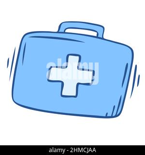 First aid kit hand drawn doodle icon. First aid medications and emergency Stock Vector