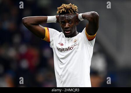 Milan, Italy. 08 February 2022. Tammy Abraham of AS Roma looks dejected during the Coppa Italia football match between FC Internazionale and AS Roma. Credit: Nicolò Campo/Alamy Live News Stock Photo