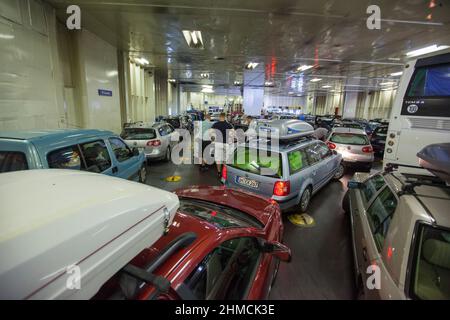Cars on the German ferry on departure from Trelleborg. Stock Photo