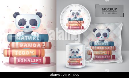 Panda reads books poster and merchandising. Stock Vector