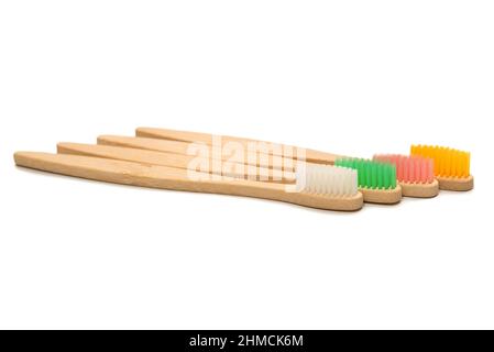 Bamboo toothbrush isolated on a white background. Top view. Stock Photo