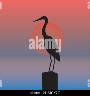 crane flamingo  silhouette at sunset wallpaper background Stock Vector