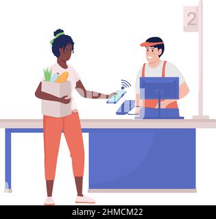 Woman paying at store semi flat color vector character Stock Vector
