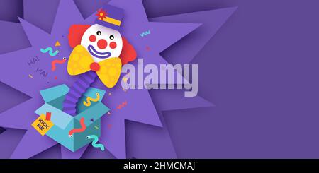 April Fools Day with Clown Character in paper cut style. April 1 party. Present joke box. Fools' Day Poster. Funny spring holiday. Stock Vector