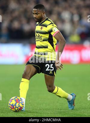 London, England, 8th February 2022. Emmanuel Dennis of Watford during the Premier League match at the London Stadium, London. Picture credit should read: Paul Terry / Sportimage Stock Photo