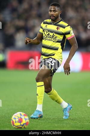 London, England, 8th February 2022. Emmanuel Dennis of Watford during the Premier League match at the London Stadium, London. Picture credit should read: Paul Terry / Sportimage Stock Photo