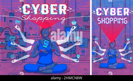 Illustration of a female robot on a blue background. Realistic. technologies. in the future or augmented reality. Conceptual mathematical illustration Stock Vector