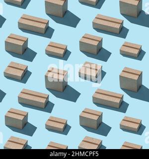 Cardboard boxes hard shadows geometric seamless pattern on blue background. Stock Photo