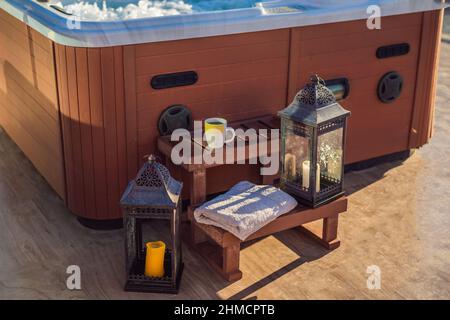 Hot tub with candles ready to take a bath. Valentines day concept Stock Photo