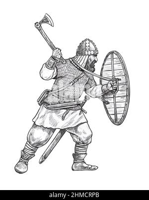 Viking with ax. Norman warrior in battle. Medieval knight illustration. Stock Photo