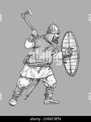 Viking with ax. Norman warrior in battle. Medieval knight illustration. Stock Photo
