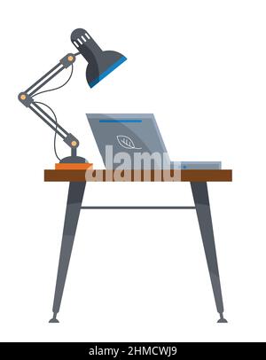 Table with laptop and lamp. Workplace in flat style. Stock Vector