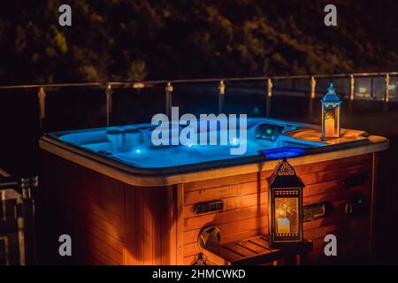 Hot tub with candles ready to take a bath. Valentines day concept Stock Photo