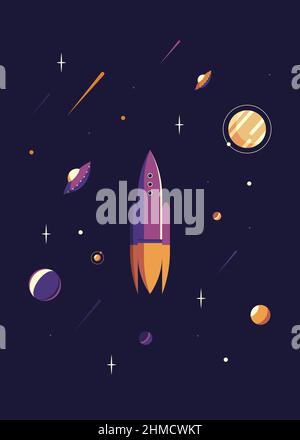Space poster with rocket and flying saucer. Placard design in flat style. Stock Vector