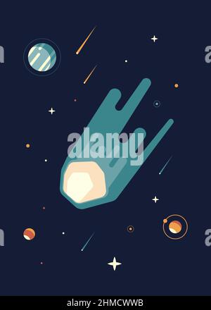 Poster with comet in outer space. Placard design in flat style. Stock Vector