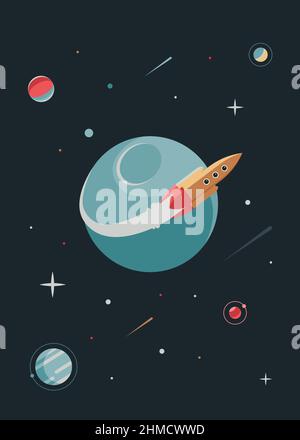 Poster with rocket flying around planet. Space placard design in flat style. Stock Vector