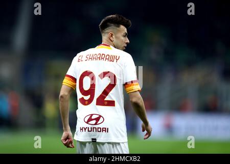 Milan, Italy. February 8, 2022, Stephan El Shaarawy of As Roma  looks on during the Coppa Italia match between Fc Internazionale and As Roma at Stadio Giuseppe Meazza on February 8, 2022 in Milan, Italy. Stock Photo