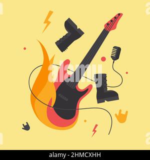 Illustration with guitar on fire. Concept art of rock music. Stock Vector