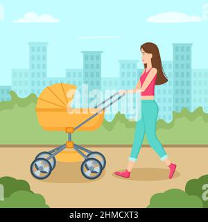 Young mother walking with baby carriage in park. Woman with stroller, vector illustration Stock Vector