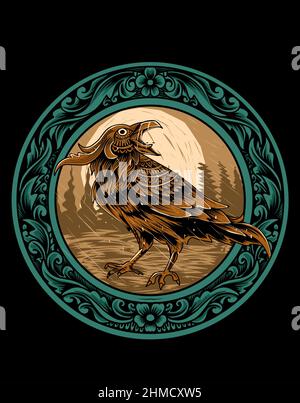 Illustration vector Crow bird with vintage engraving ornament on black background Stock Photo