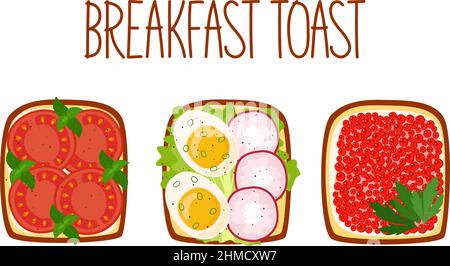 Set of toasts for breakfast with different fillings. Toasts with tomatos, cooked egg and radish, caviar and greens. Vector illustration Stock Vector