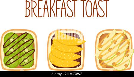 Set of toasts for breakfast with different fillings. Toasts with kiwi, mango and cococnut flakes, pear and walnut. Vector illustration Stock Vector