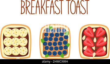 Set of toasts for breakfast with different fillings. Toasts with banana, blueberry, strawberry and almond. Vector illustration Stock Vector