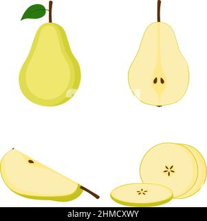 Pear, whole fruit, half and slices on white background, vector illustration Stock Vector